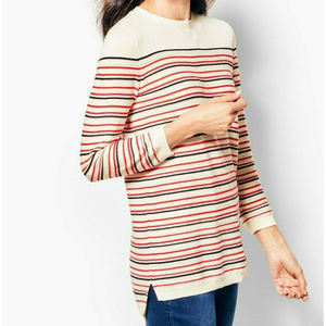 Talbots Pointelle Pull-on Sweater 3/4 Sleeve Ivory w Red Blue Stripes Sz XL or X